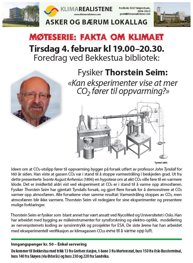 Foredrag på Bekkestua bibliotek, fysikeren Torstein Seim forklarer at hans eksperimenter viser at atmosfæren ikke blir varmere av mer CO2.