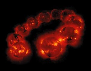 Montasje solaktivitet fra Aug91 til Sept01. Kredit: Yohkoh/ISAS/ Lockh.-Martin/NAOJ/ U. Tokyo/NASA. 